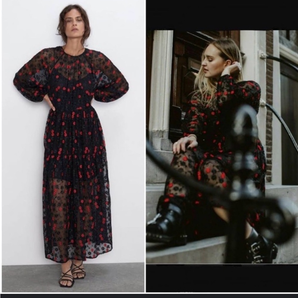 ZARA | Oversized Midi Dress w/ Floral Embroidery Long Sleeve Black/Red